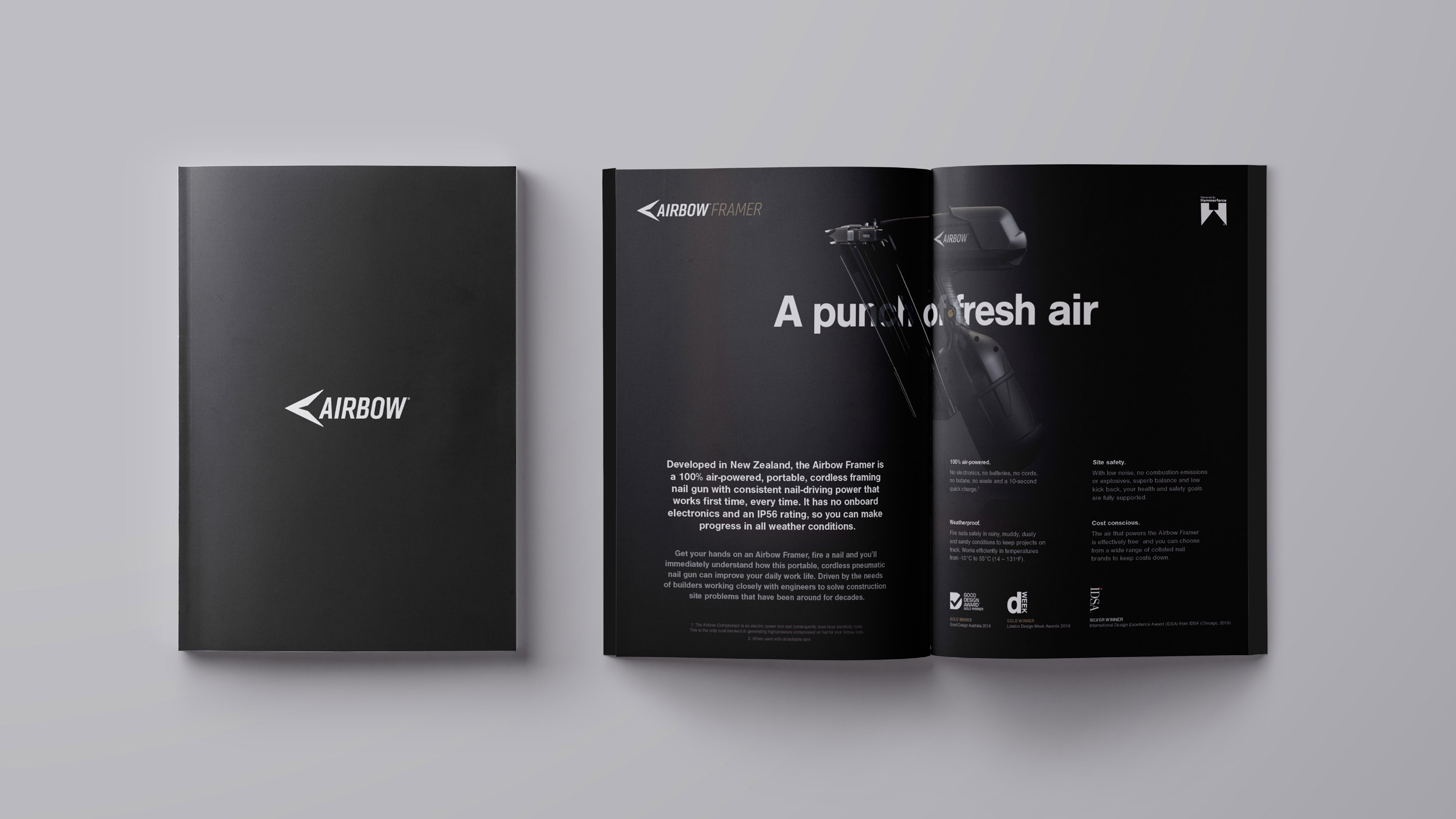 Airbow brochure, showing the front cover, and a spread with information about the Airbow nail gun