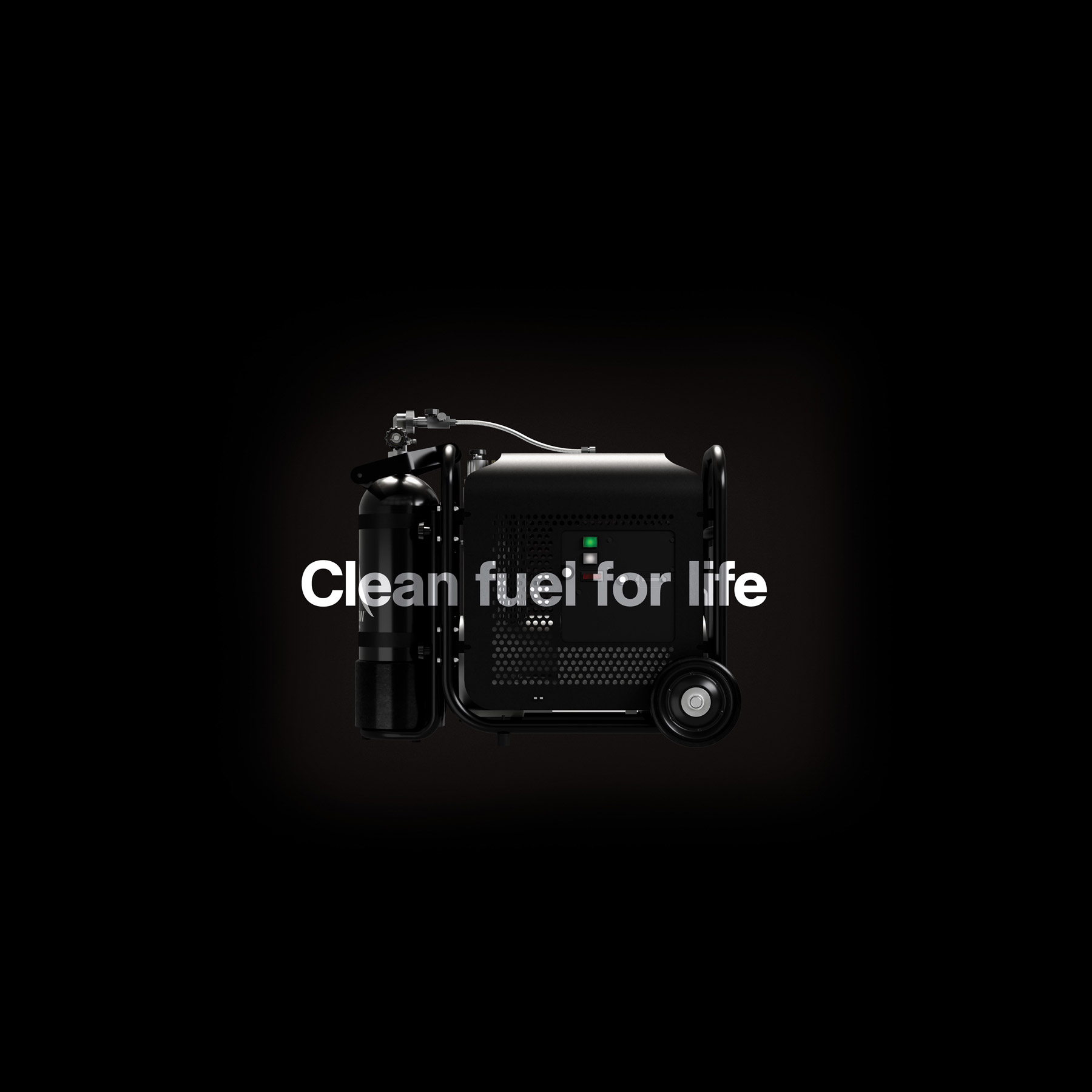 3D render of the Airbow compressor, with text on top saying "Clean fuel for life".