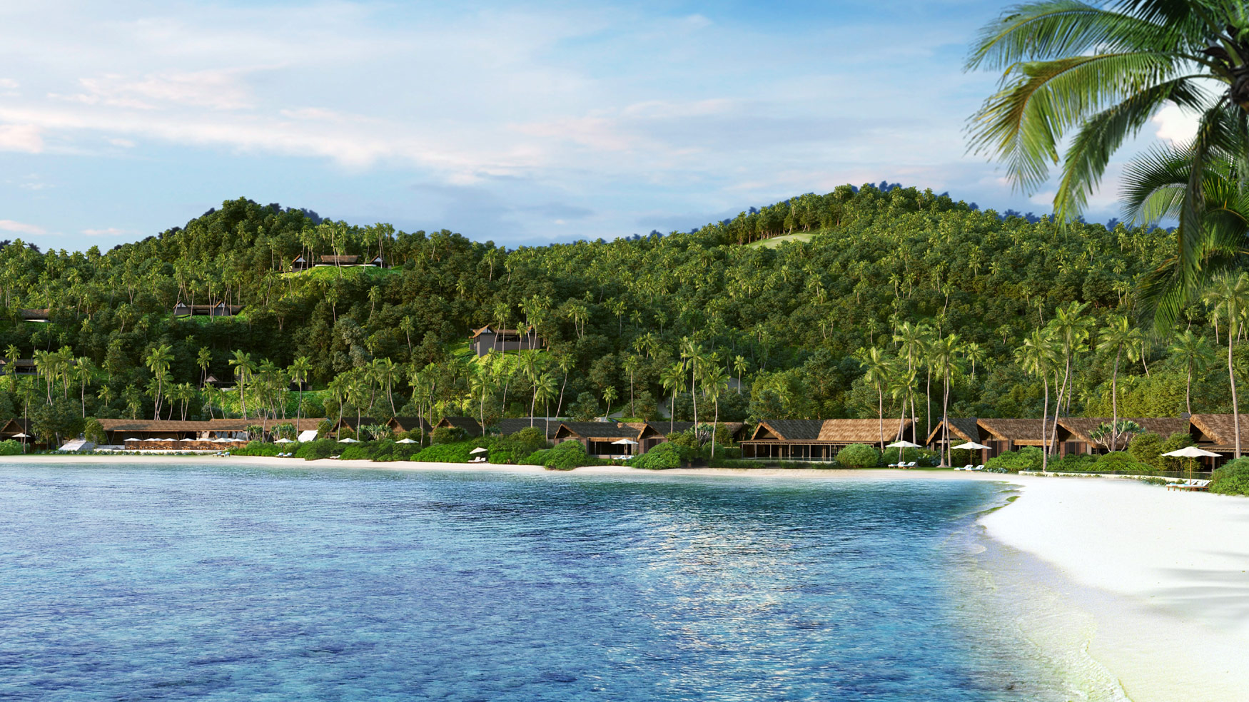 Ultra-detailed high-end 3D render showing the shore at Vunabaka, with properties in the hills in the distance