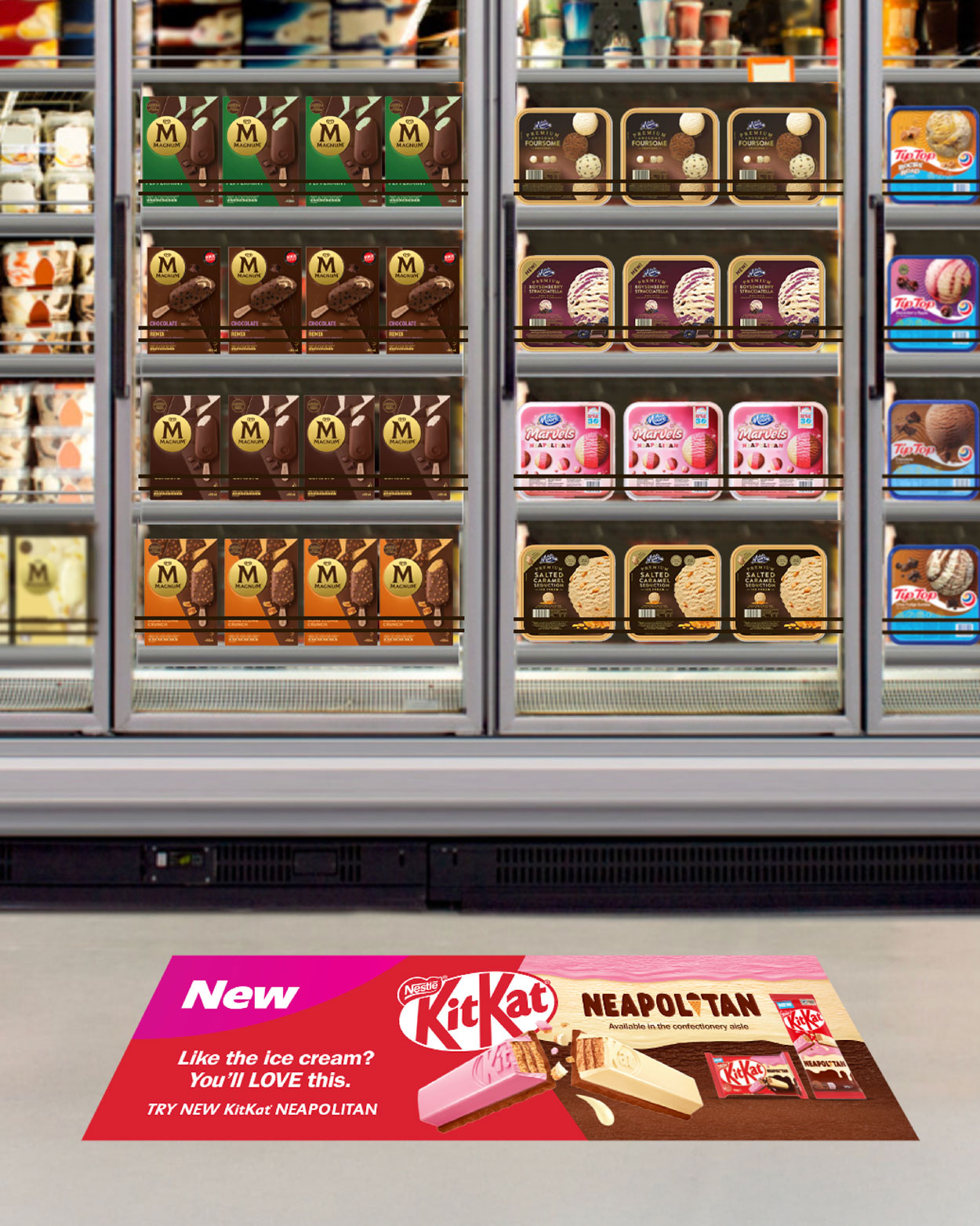 KitKat Neapolitan floor sticker, shown in front of supermarket freezers