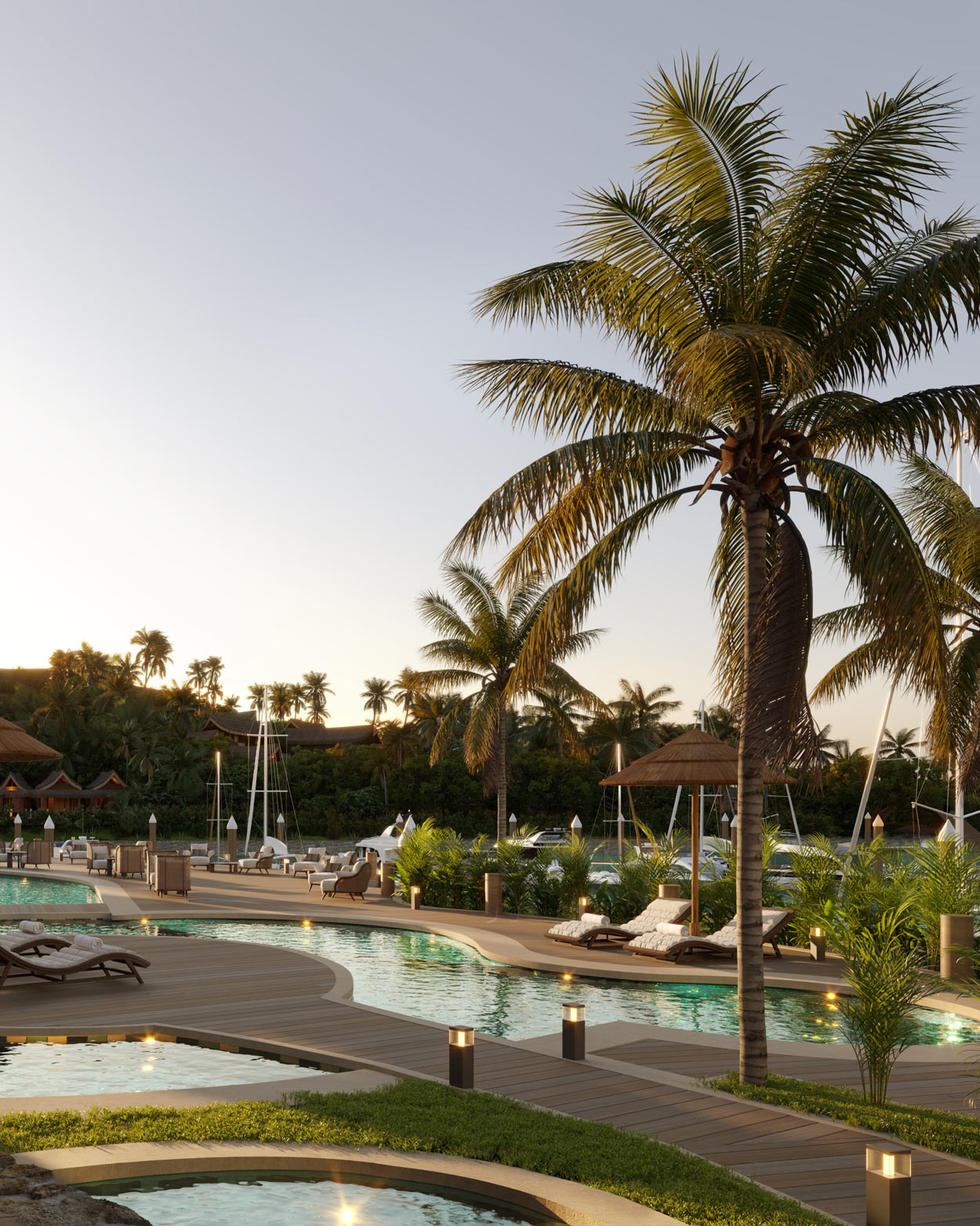 High-end 3D render showing the NAWI boardwalk at dusk