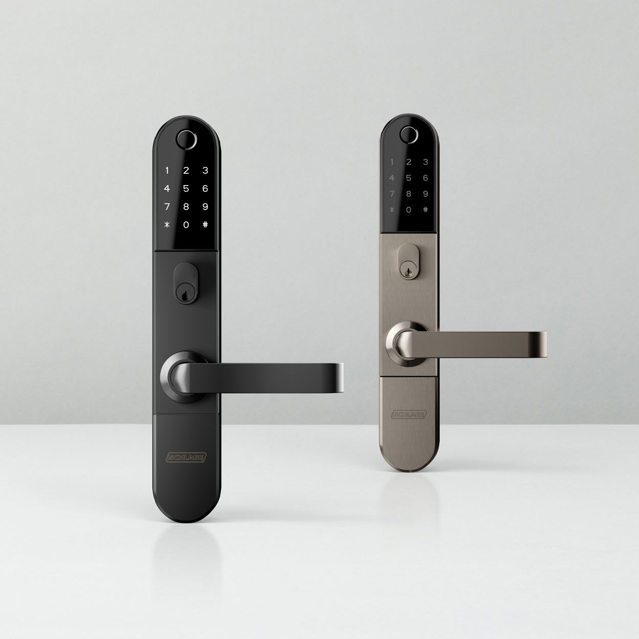3D product renders showing the Schlage Artus smart locks