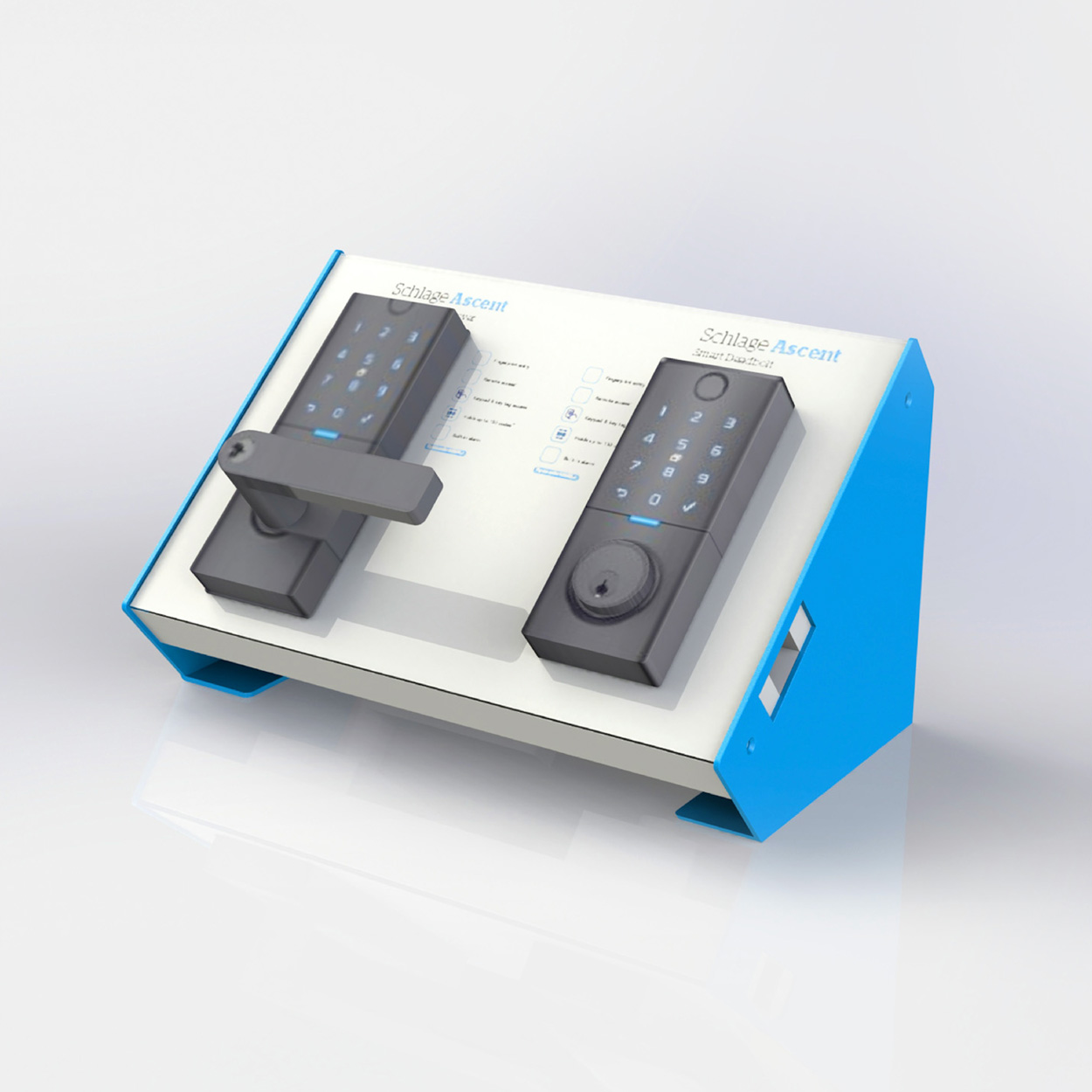 Schlage Ascent handles shown on custom designed in-store display stand