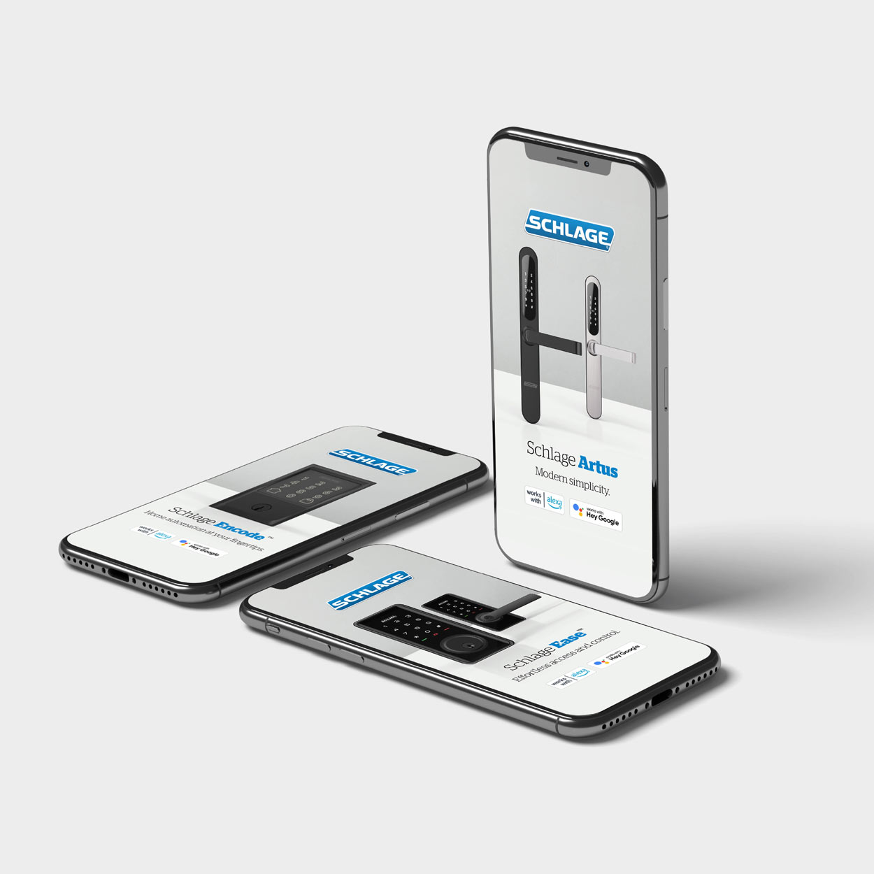 Three smartphones showing Schlage digital banners