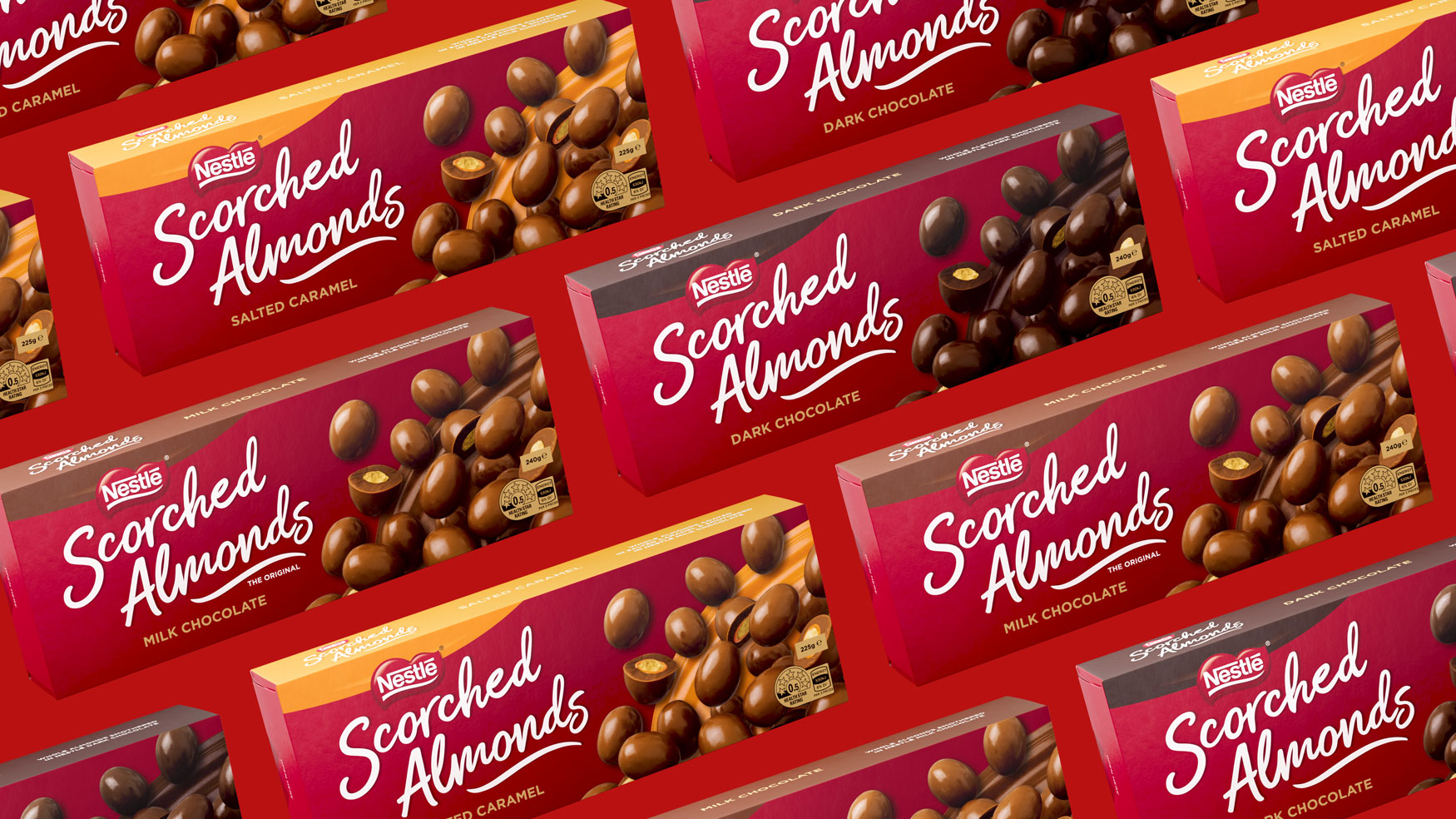 3D render of Scorched Almonds boxes, showing all three flavour variants