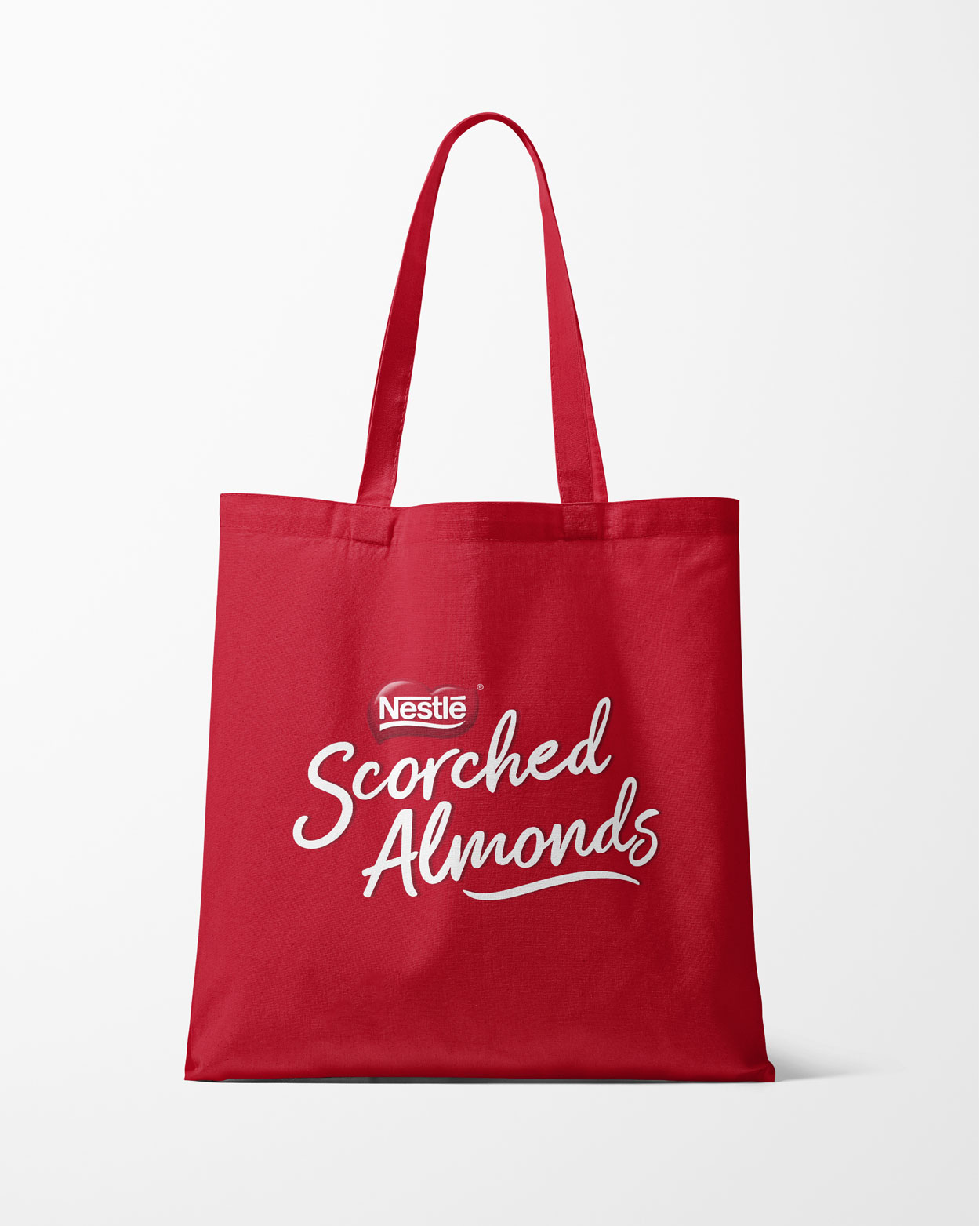 Red tote bag with Scorched Almonds branding