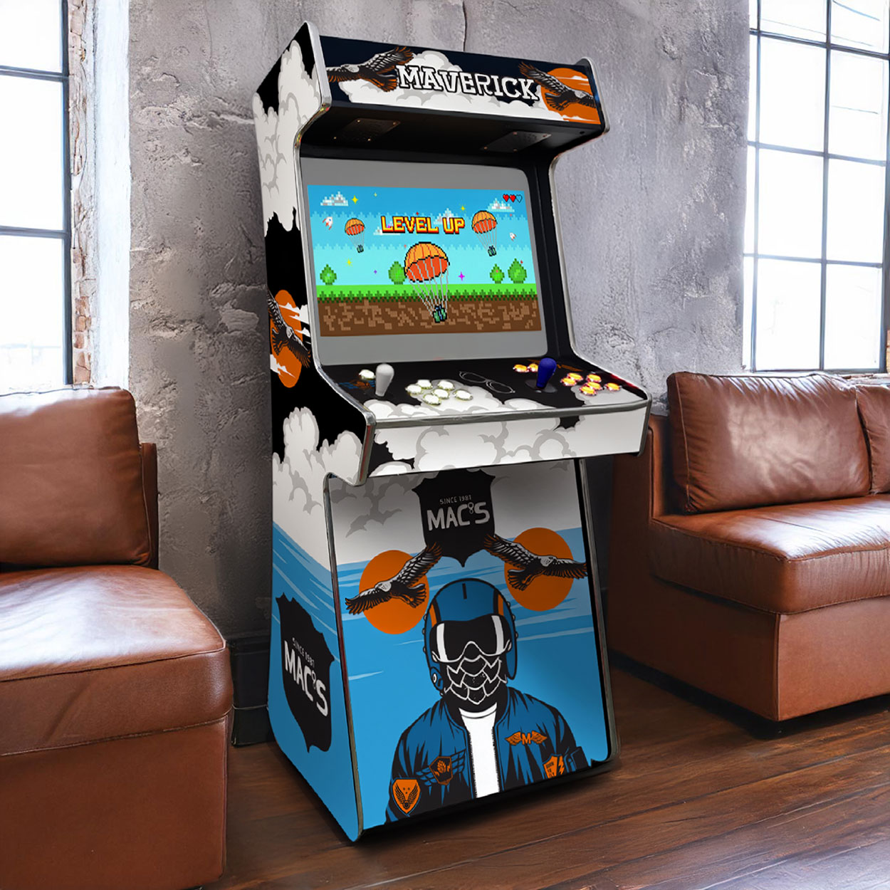 Mac’s Maverick arcade machine photographed inside modern lounge