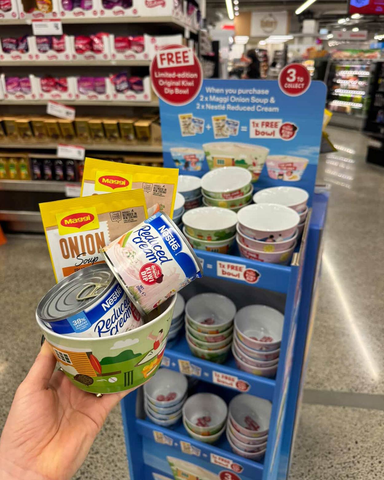 Original Kiwi Dip Limited Edition Bowl in-store display stand, as seen in supermarkets
