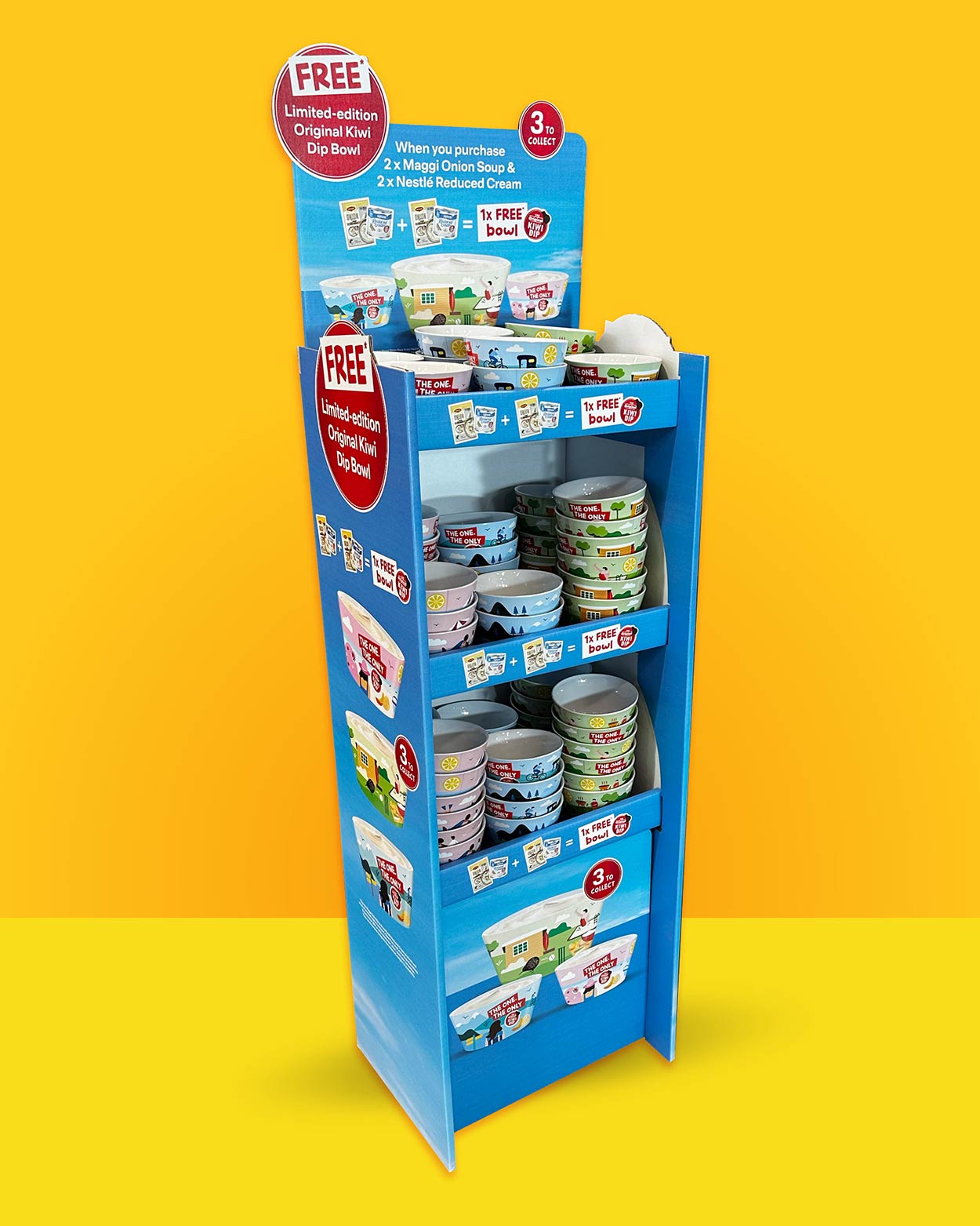 Original Kiwi Dip Limited Edition Bowl in-store display stand, as seen in supermarkets